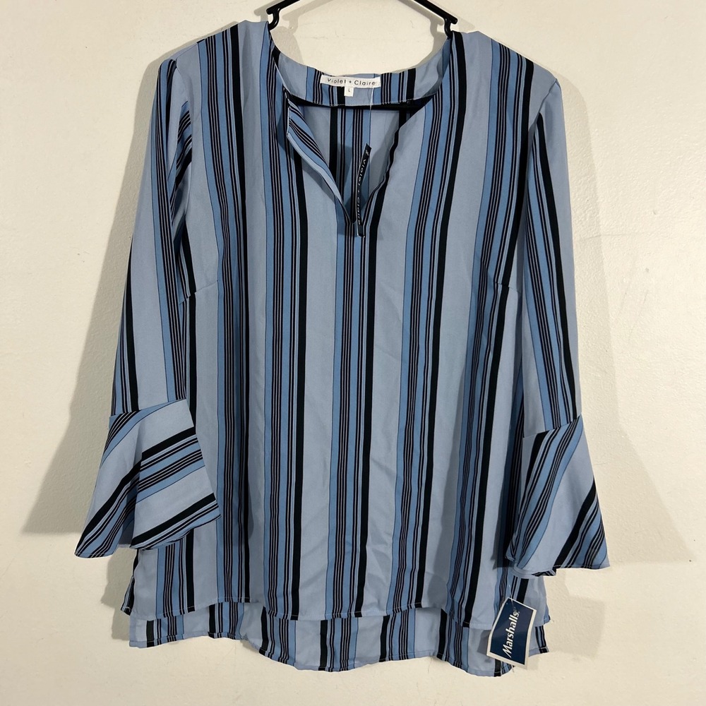 Violet + Claire Striped Blouse Womens L Blue Black NWT Bell Sleeve Office Chic